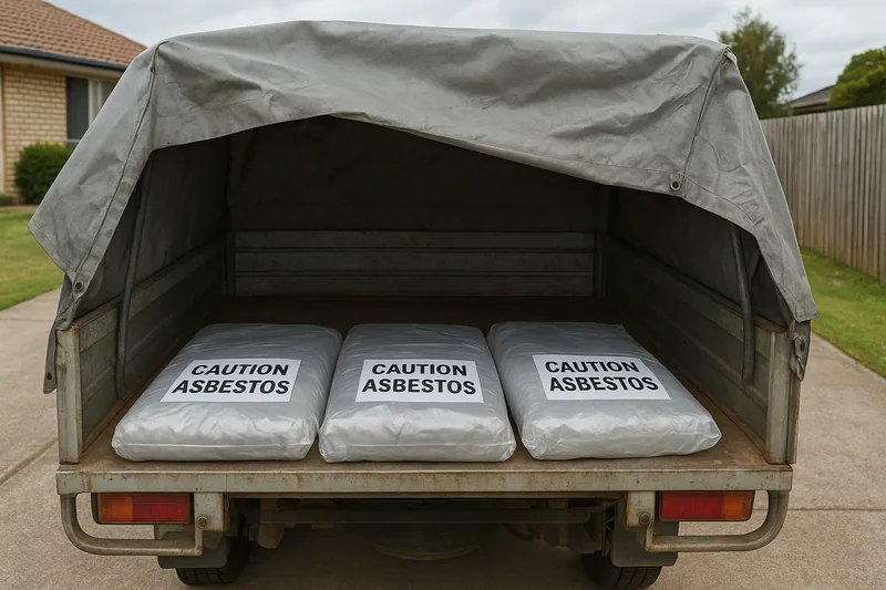 The open back of a utility vehicle under a grey tarpaulin with three flat wrapped packages, each labelled CAUTION ASBESTOS, on a suburban driveway — asbestos disposal, Canberra. Illustrative example.