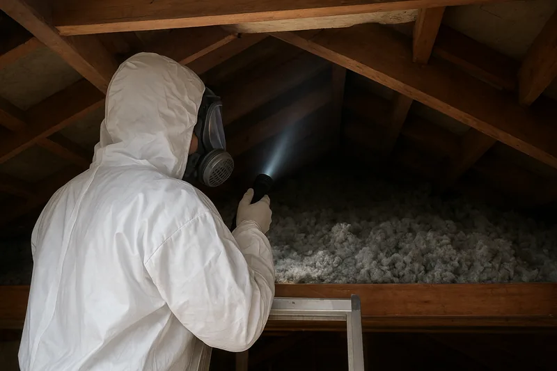 A person in white coveralls, hood and respirator seen from behind, shining a torch along a roof space where grey loose insulation lies between the timbers — loose-fill asbestos removal, Canberra. Illustrative example.