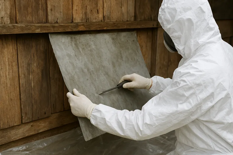 A person in white coveralls, hood and half-face respirator unscrewing a flat grey cement sheet from a timber-clad wall with a hand screwdriver, clear plastic sheeting on the ground below — non-friable asbestos removal, Canberra. Illustrative example.